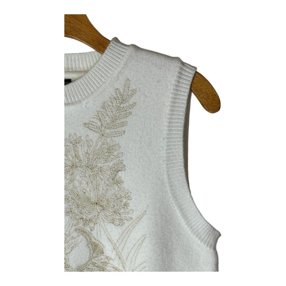 Anewsta Sweater Women Large White Gold Embroidered Floral Duck Knit Vest NWT - Picture 6 of 12